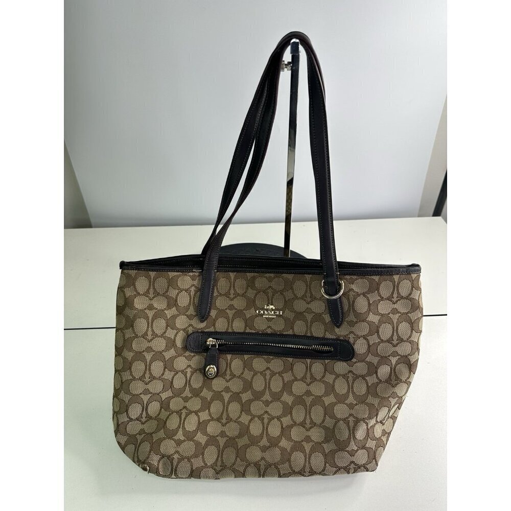COACH TAYLOR PURSE Khaki & brown Signature C Jacquard Shoulder Tote Bag 37229